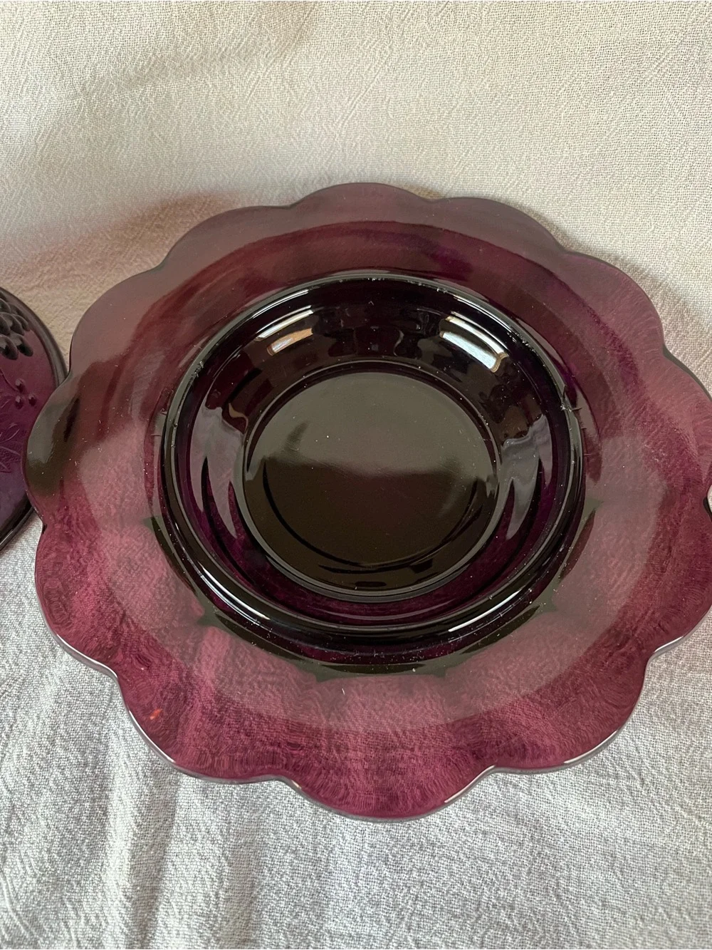Vintage Mosser Amethyst Glass Covered Butter Dish with Grape design/ Fairy Lamp